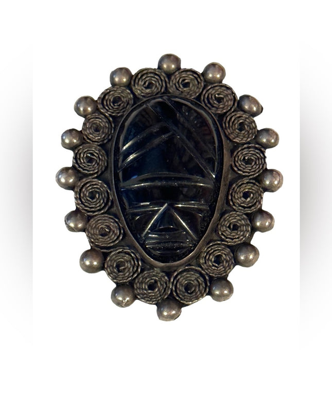 Vintage 1940s Mexico Sterling silver Mayan Aztec Face carved obsidian brooch