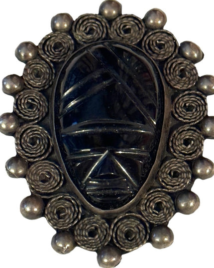Vintage 1940s Mexico Sterling silver Mayan Aztec Face carved obsidian brooch