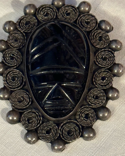 Vintage 1940s Mexico Sterling silver Mayan Aztec Face carved obsidian brooch