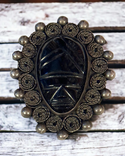 Vintage 1940s Mexico Sterling silver Mayan Aztec Face carved obsidian brooch