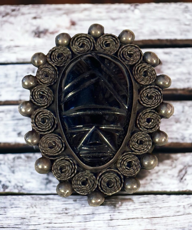 Vintage 1940s Mexico Sterling silver Mayan Aztec Face carved obsidian brooch