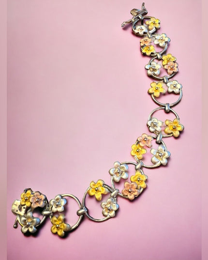 Fancy colorful tri color sterling silver 925 flower link bracelet