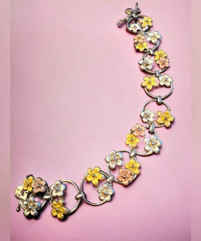 Fancy colorful tri color sterling silver 925 flower link bracelet