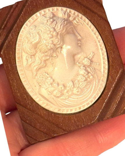 Vintage 1930s Celluloid on wood LG Cameo Brooch