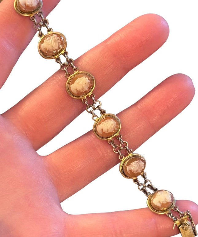 Antique Cameo link bracelet Victorian 800 silver Hand carved