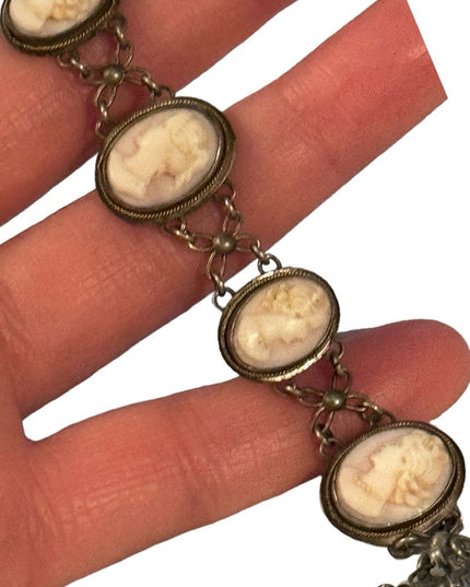 Antique Cameo link bracelet Victorian 800 silver Hand carved