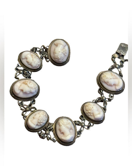 Antique art deco Carved cameo 800 silver shell link bracelet