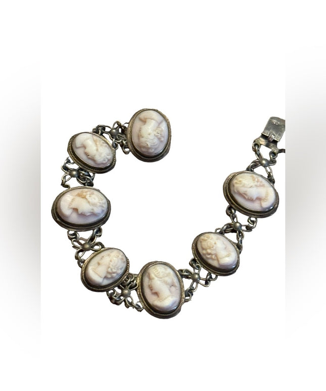 Antique art deco Carved cameo 800 silver shell link bracelet