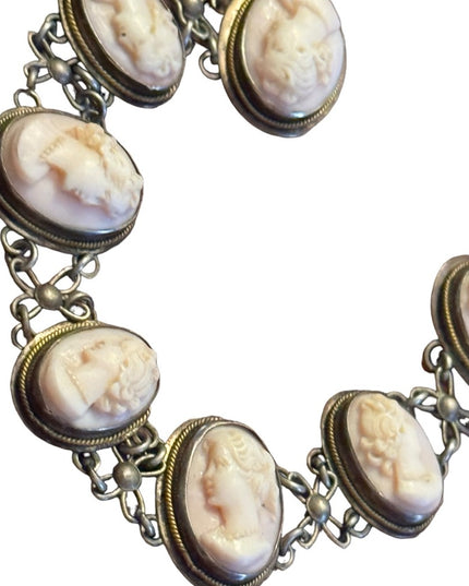 Antique art deco Carved cameo 800 silver shell link bracelet