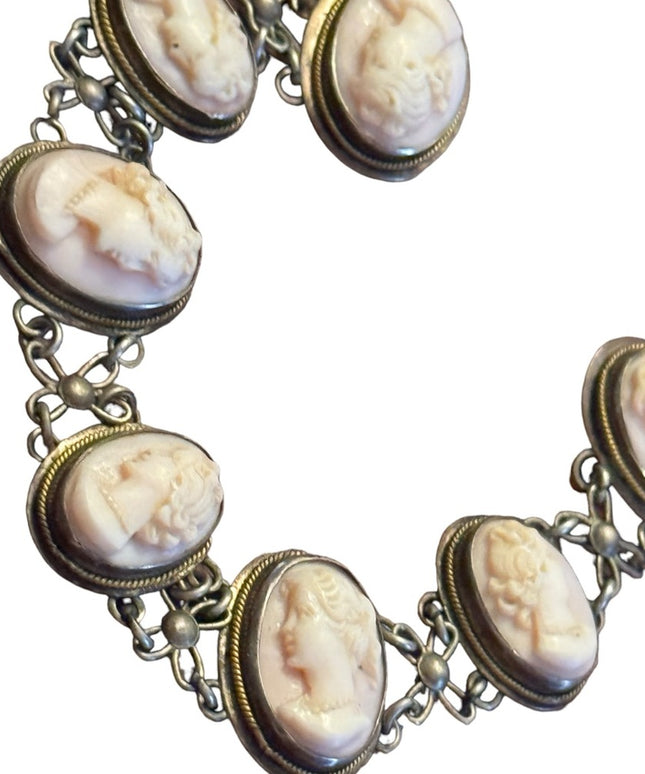 Antique art deco Carved cameo 800 silver shell link bracelet