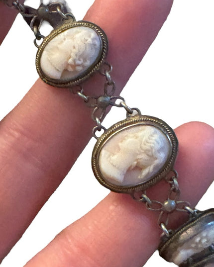 Antique art deco Carved cameo 800 silver shell link bracelet