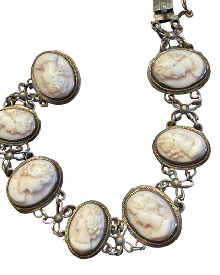 Antique art deco Carved cameo 800 silver shell link bracelet