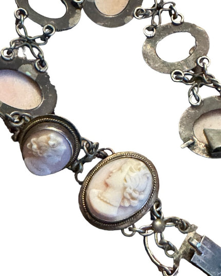 Antique art deco Carved cameo 800 silver shell link bracelet