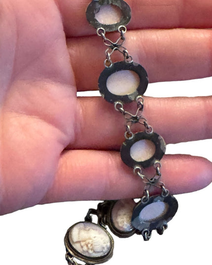 Antique art deco Carved cameo 800 silver shell link bracelet