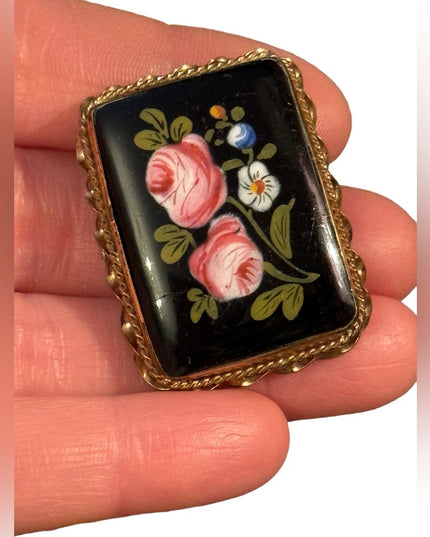 Antique Hand Painted Blue Flower Black Enamel Brooch Ornate Gold Lg Art Nouveau