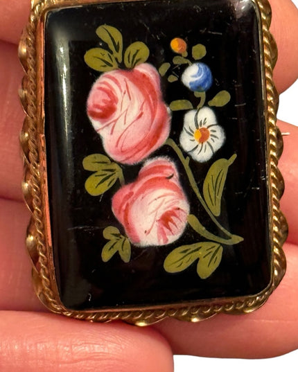 Antique Hand Painted Blue Flower Black Enamel Brooch Ornate Gold Lg Art Nouveau
