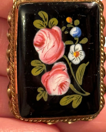Antique Hand Painted Blue Flower Black Enamel Brooch Ornate Gold Lg Art Nouveau