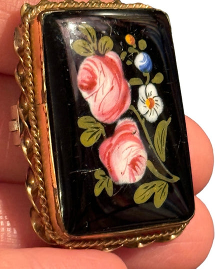 Antique Hand Painted Blue Flower Black Enamel Brooch Ornate Gold Lg Art Nouveau