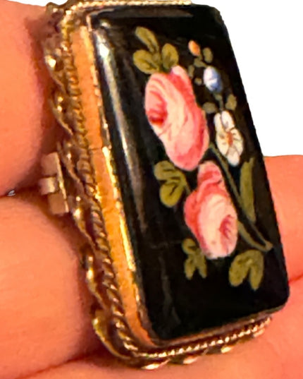 Antique Hand Painted Blue Flower Black Enamel Brooch Ornate Gold Lg Art Nouveau