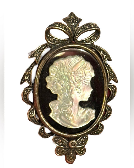 Large Sterling Silver Cameo Marcasite Mother of Pearl Sterling Pendant Brooch
