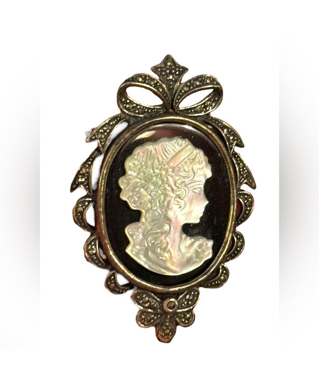 Large Sterling Silver Cameo Marcasite Mother of Pearl Sterling Pendant Brooch