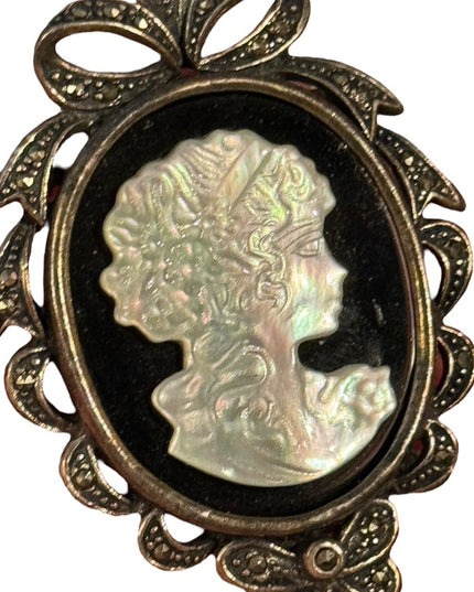 Large Sterling Silver Cameo Marcasite Mother of Pearl Sterling Pendant Brooch