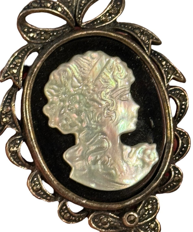 Large Sterling Silver Cameo Marcasite Mother of Pearl Sterling Pendant Brooch