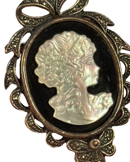 Large Sterling Silver Cameo Marcasite Mother of Pearl Sterling Pendant Brooch
