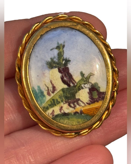 Vintage hand painted ceramic style cameo Cerro De La Gloria Mountain painting
