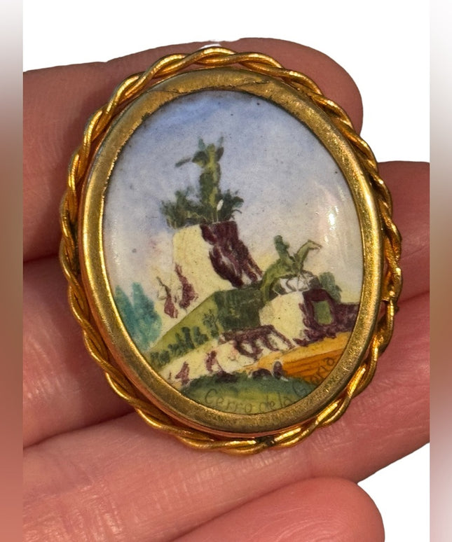 Vintage hand painted ceramic style cameo Cerro De La Gloria Mountain painting