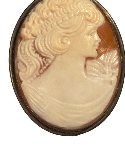 Lovely 800 silver 1940s Victorian lady carved shell large cameo brooch pendant