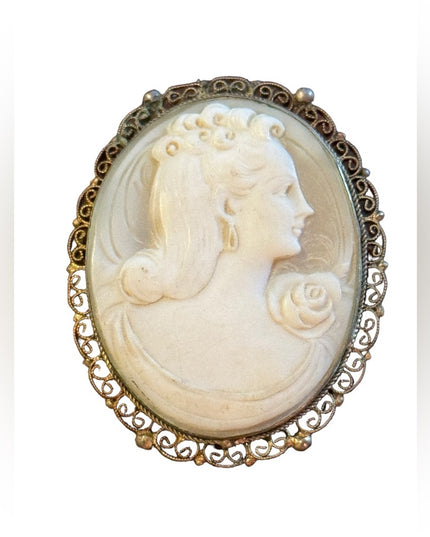 Vintage 1940s carved shell filagree bezel Cameo brooch pendant silver 800