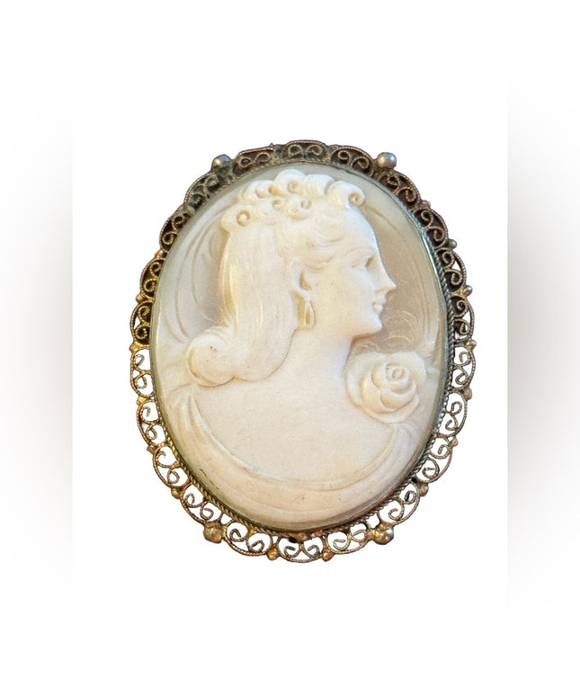 Vintage 1940s carved shell filagree bezel Cameo brooch pendant silver 800