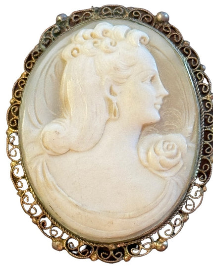 Vintage 1940s carved shell filagree bezel Cameo brooch pendant silver 800