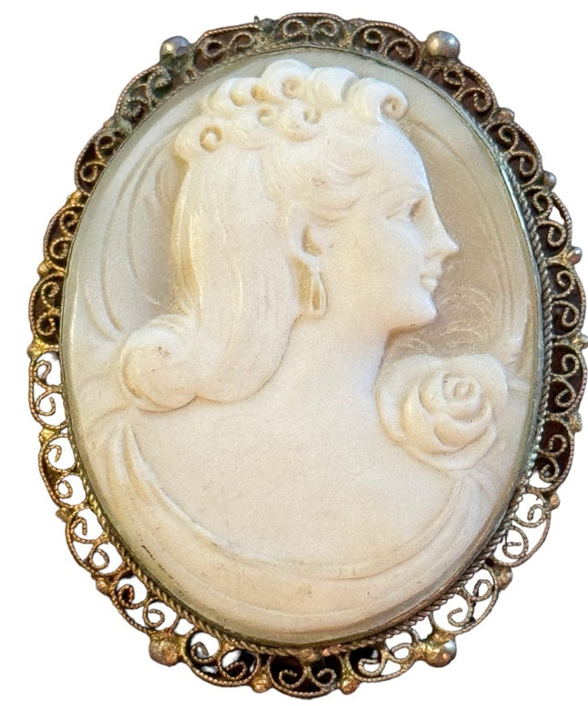Vintage 1940s carved shell filagree bezel Cameo brooch pendant silver 800