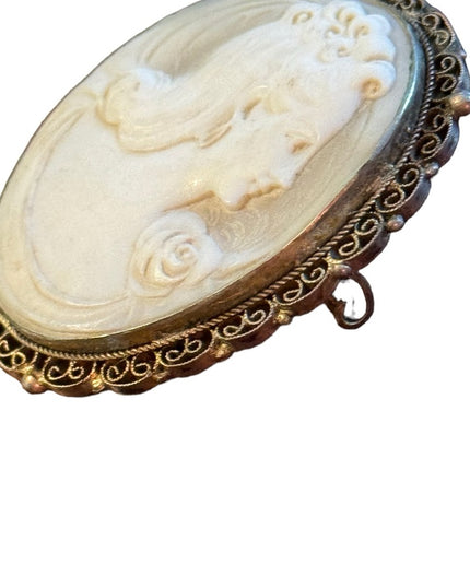 Vintage 1940s carved shell filagree bezel Cameo brooch pendant silver 800