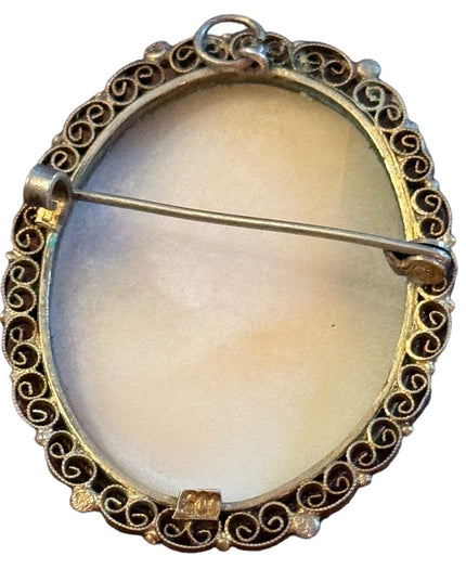 Vintage 1940s carved shell filagree bezel Cameo brooch pendant silver 800