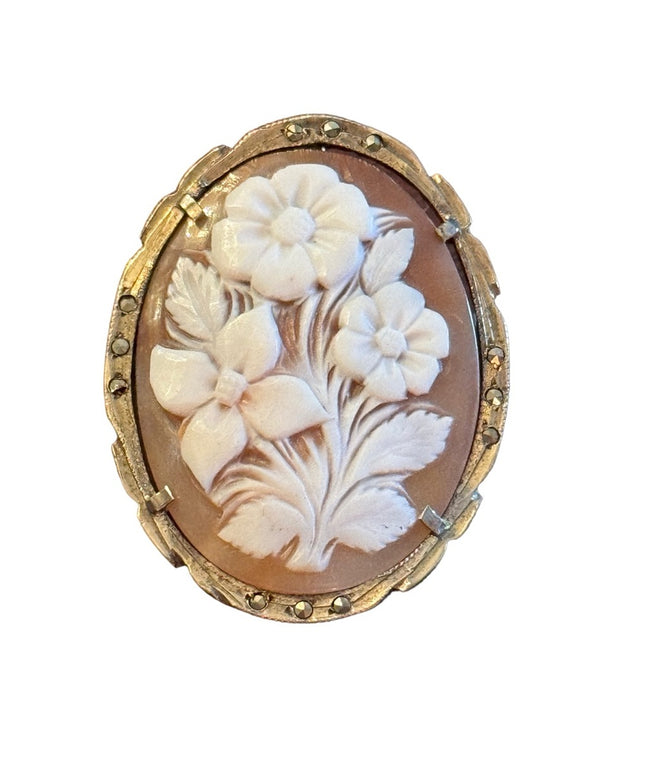 Vintage 800 silver carved shell flower marcasite cameo brooch pendant