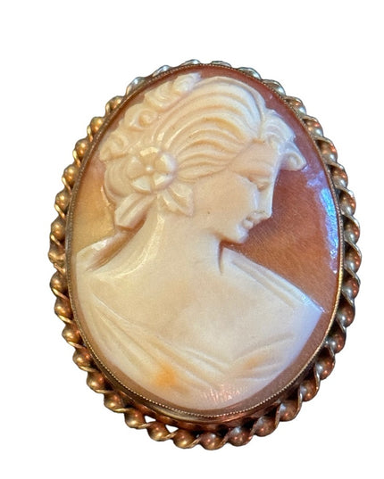 Vintage gold fillled carved shell cameo brooch pendant victorian lady