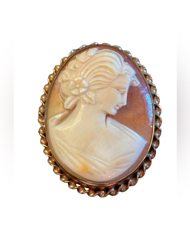 Vintage gold fillled carved shell cameo brooch pendant victorian lady