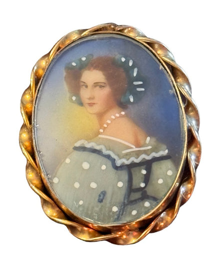 Vintage hand painted lady cameo gold filled brooch