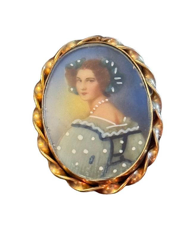 Vintage hand painted lady cameo gold filled brooch