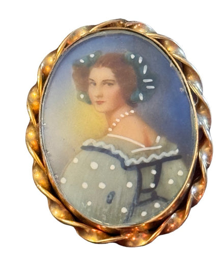 Vintage hand painted lady cameo gold filled brooch