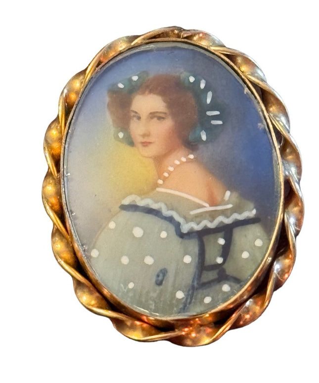 Vintage hand painted lady cameo gold filled brooch
