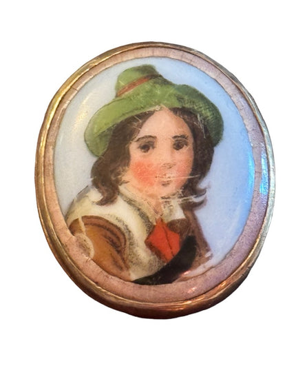 Antique aged Swedish hand painted resin:ceramic cameo style brooch