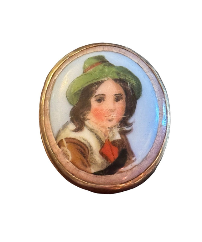 Antique aged Swedish hand painted resin:ceramic cameo style brooch