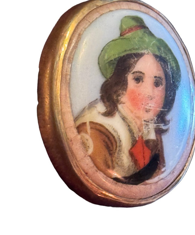 Antique aged Swedish hand painted resin:ceramic cameo style brooch