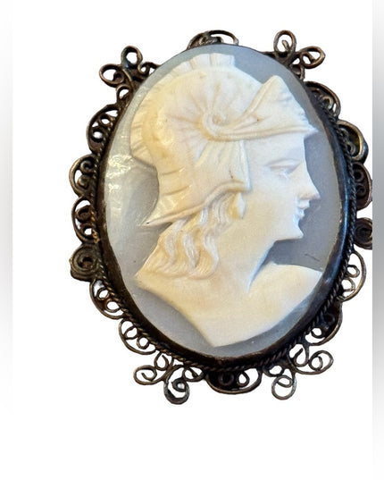 Vintage sterling silver 1940s Large shell cameo Roman soldier filagree brooch