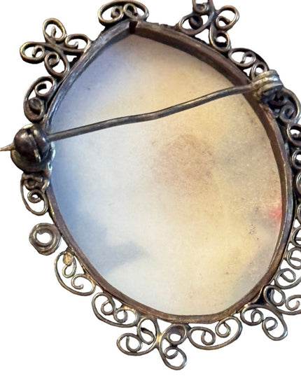 Vintage sterling silver 1940s Large shell cameo Roman soldier filagree brooch