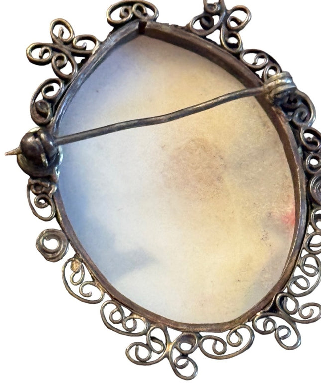 Vintage sterling silver 1940s Large shell cameo Roman soldier filagree brooch